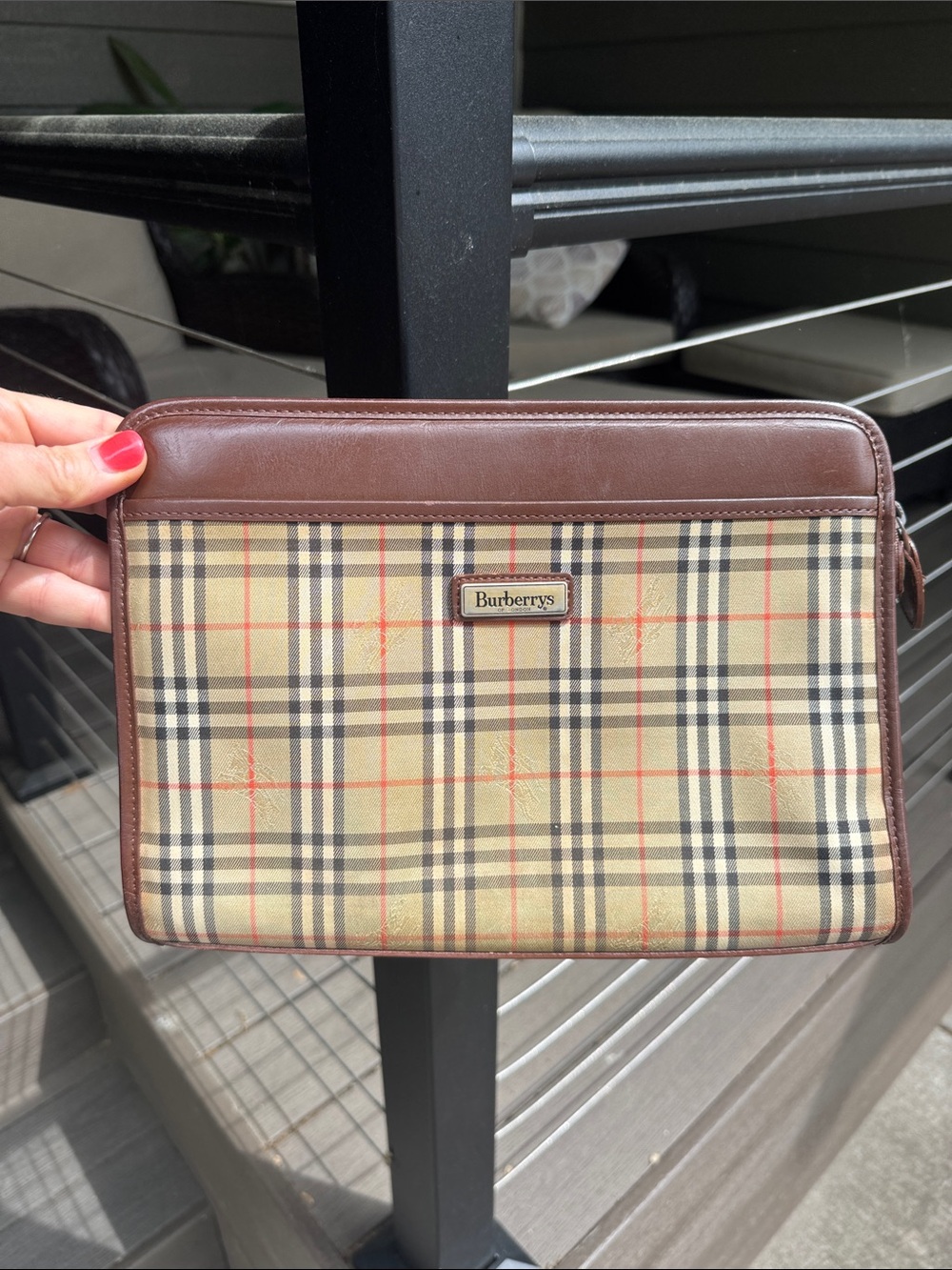 Burberry Beige Plaid Clutch  with Brown Trim
